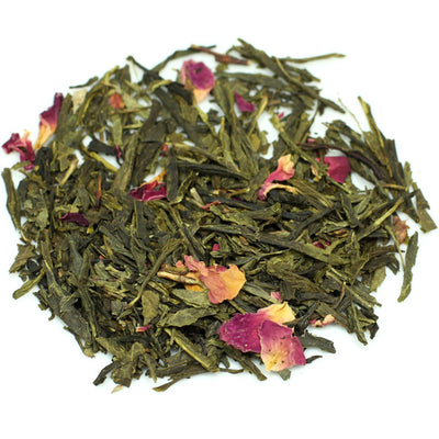 Loose leaf green tea sprinkled with roses.