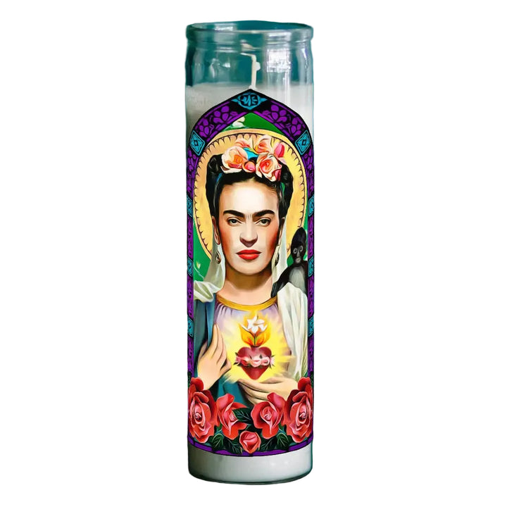 Decorative candle with a colorful design of a famous artist on a dark background