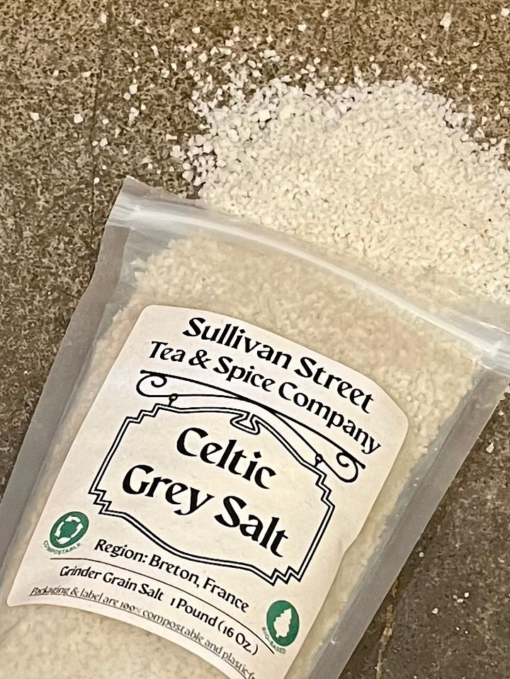 Packaged Celtic Grey Salt from Sullivan Street Tea & Spice Company on a textured surface.