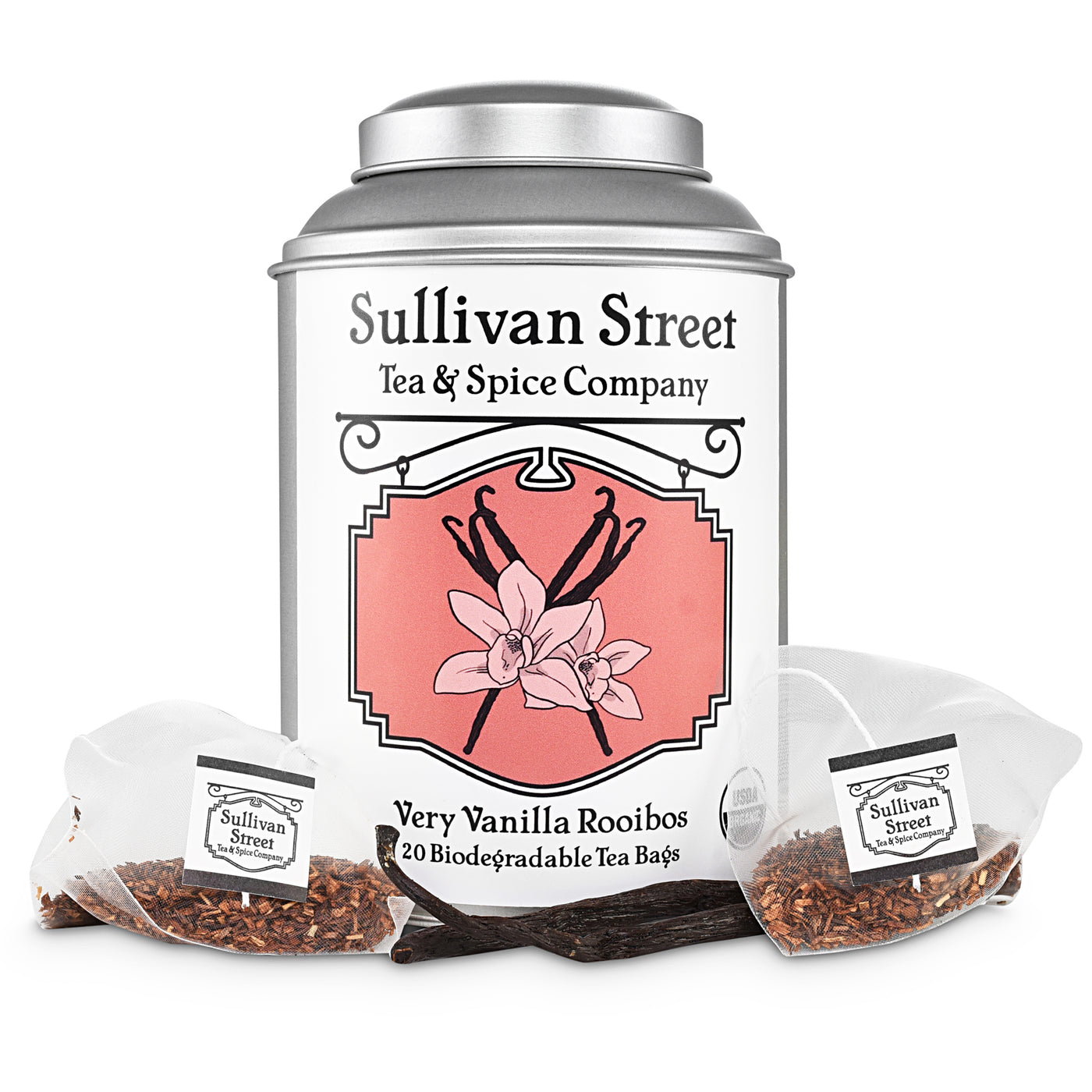 Picture of a canister of Very Vanilla Rooibos tea bags with example of the pyramid sachets on either side.
